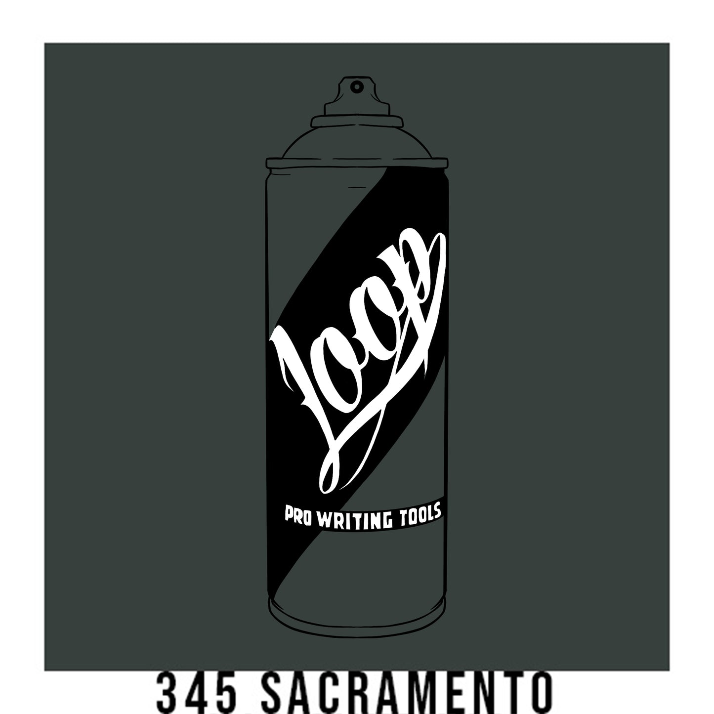 A black outline drawing of a dark grey spray paint can with the word "Loop" written on the face in script. The background is a color swatch of the same dark grey with a white border with the words "345 Sacramento" at the bottom.
