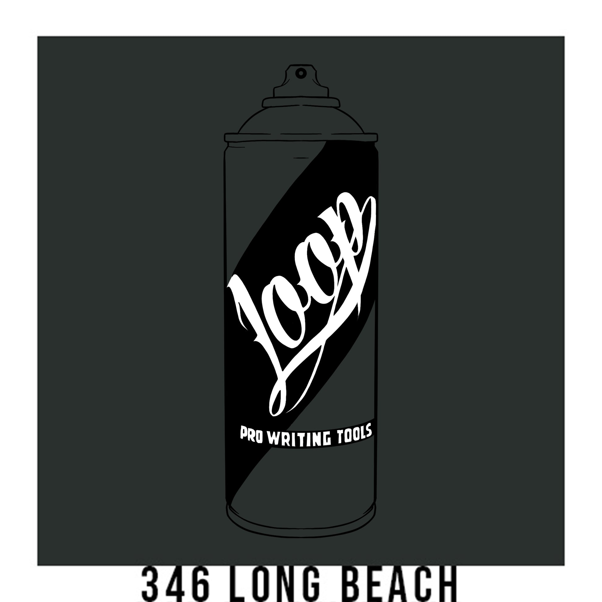 A black outline drawing of a dark grey spray paint can with the word "Loop" written on the face in script. The background is a color swatch of the same dark grey with a white border with the words "346 Long Beach" at the bottom.