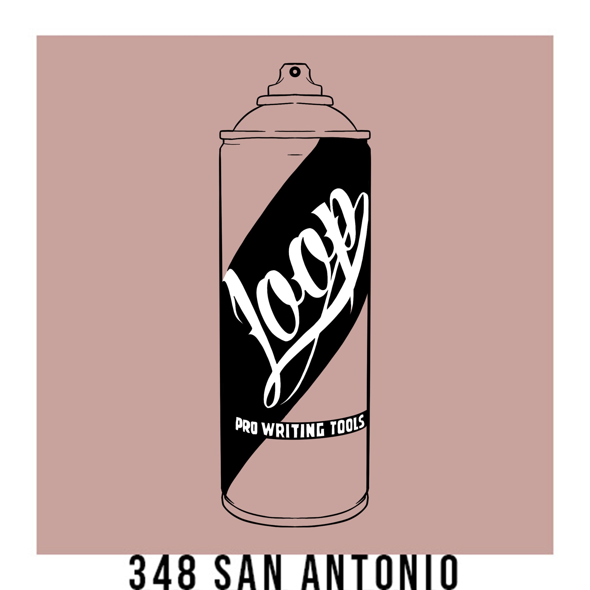 A black outline drawing of a rose blush spray paint can with the word "Loop" written on the face in script. The background is a color swatch of the same rose blush with a white border with the words "348 San Antonio" at the bottom.