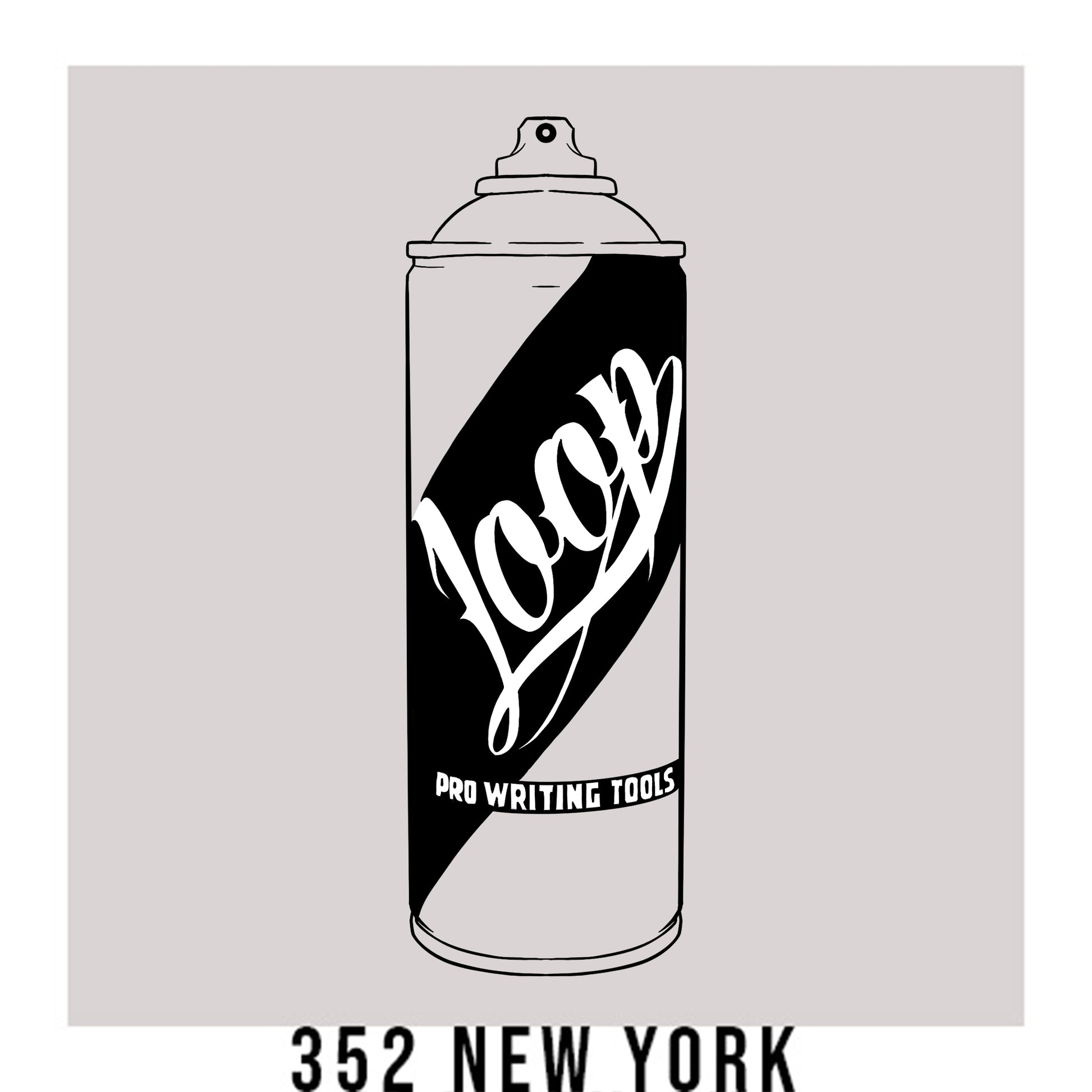 A black outline drawing of a light grey spray paint can with the word "Loop" written on the face in script. The background is a color swatch of the same light grey with a white border with the words "352 New York" at the bottom.