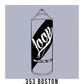 A black outline drawing of a periwinkle spray paint can with the word "Loop" written on the face in script. The background is a color swatch of the same periwinkle  with a white border with the words "353 Boston" at the bottom.