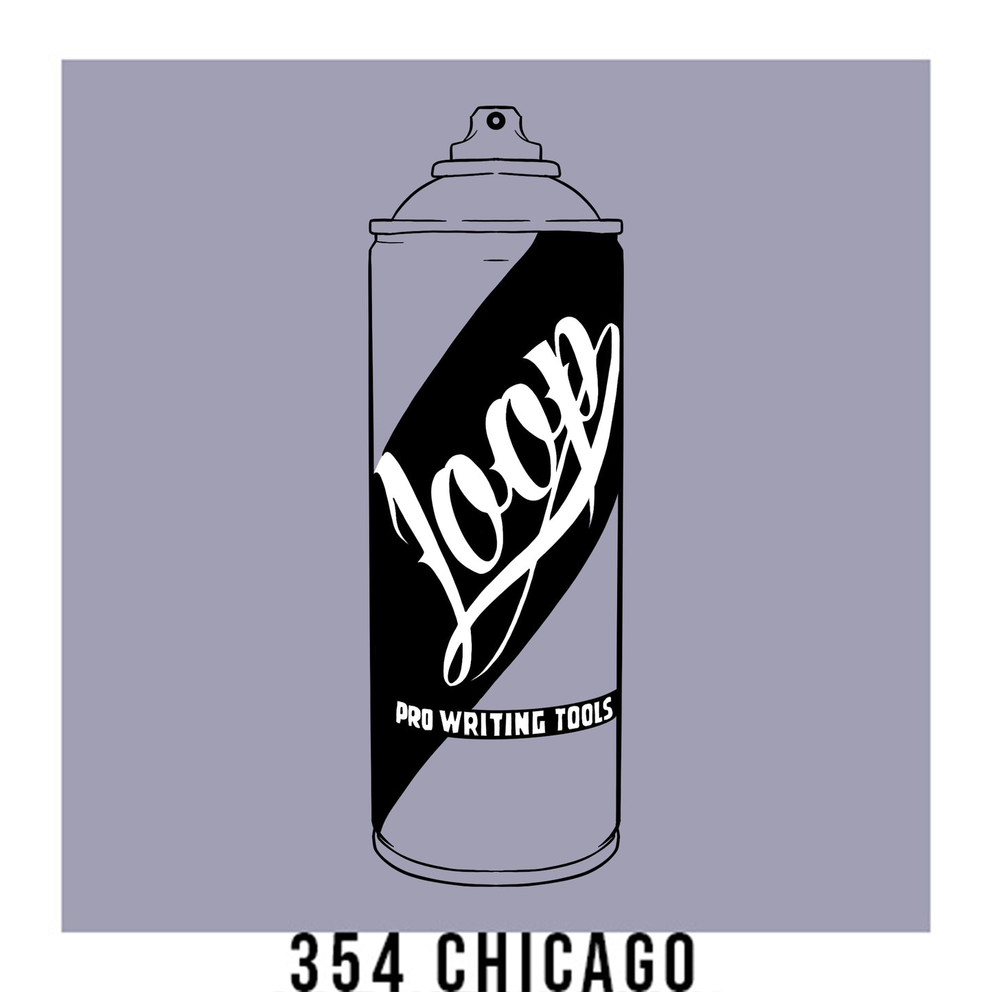 A black outline drawing of a pastel purple spray paint can with the word "Loop" written on the face in script. The background is a color swatch of the same pastel purple with a white border with the words "354 Chicago" at the bottom.