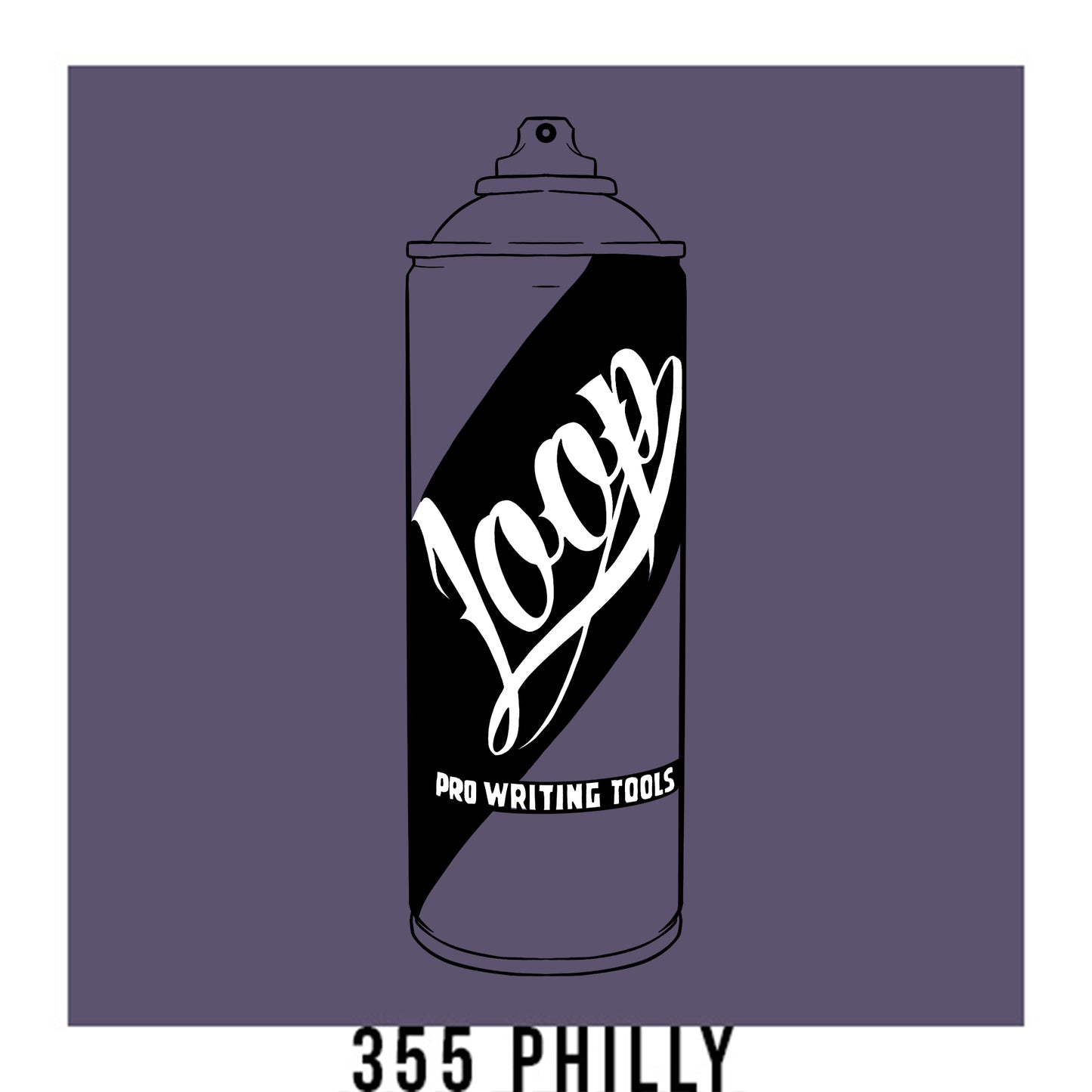 A black outline drawing of a pastel purple spray paint can with the word "Loop" written on the face in script. The background is a color swatch of the same pastel purple with a white border with the words "355 Philly" at the bottom.