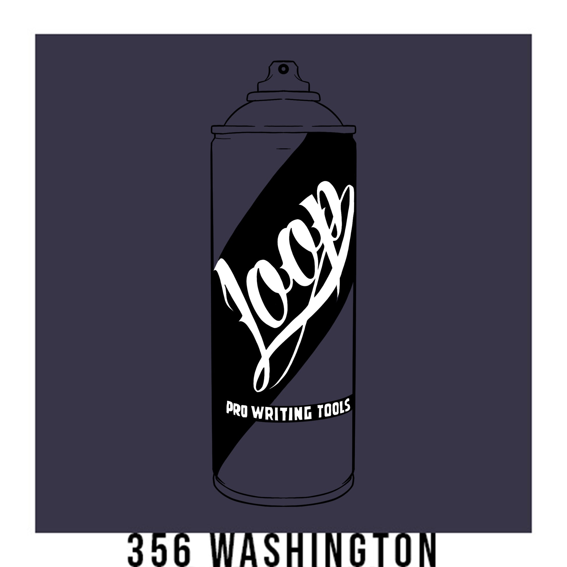 A black outline drawing of a dark purple spray paint can with the word "Loop" written on the face in script. The background is a color swatch of the same dark purple with a white border with the words "356 Washington" at the bottom.