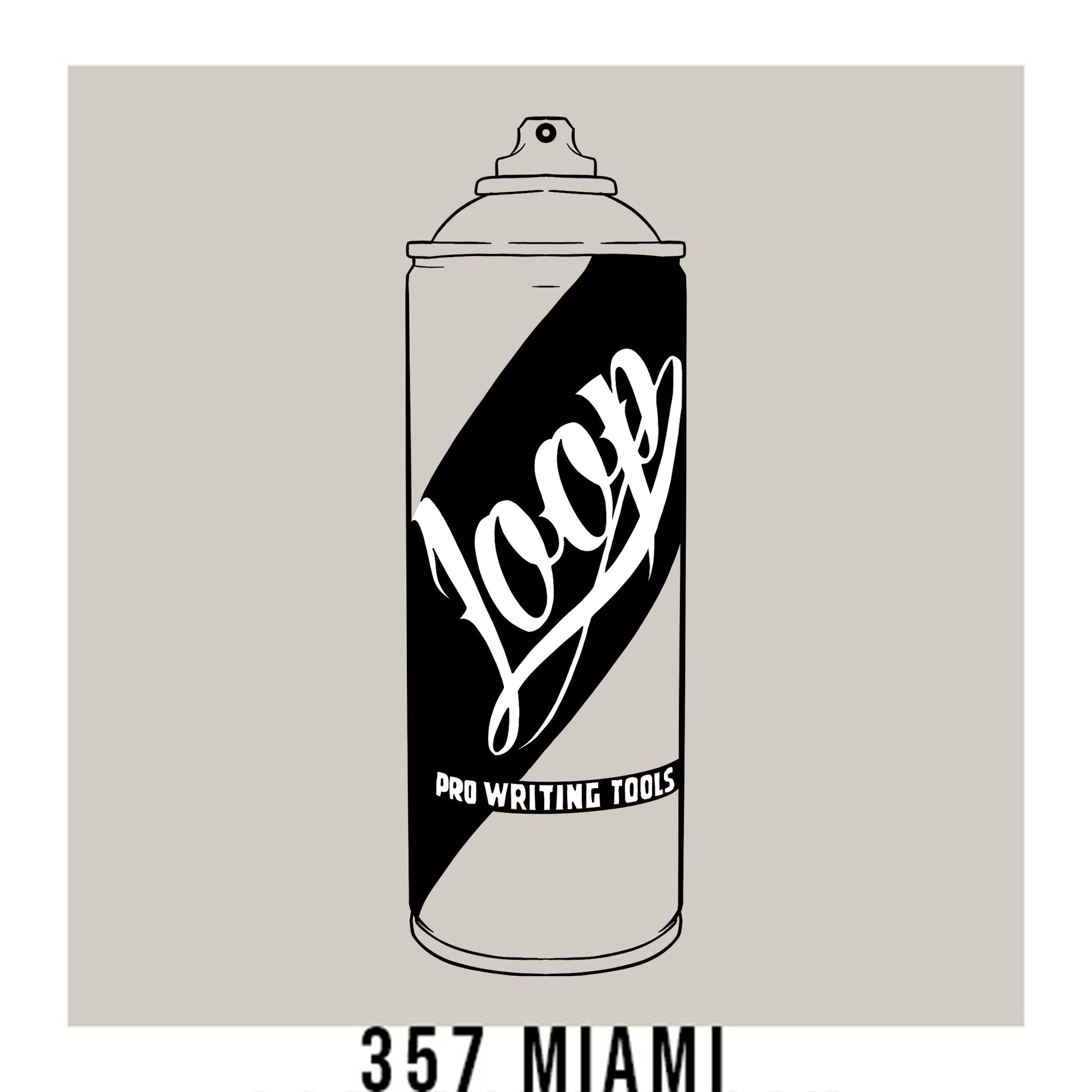 A black outline drawing of a light grey spray paint can with the word "Loop" written on the face in script. The background is a color swatch of the same light grey with a white border with the words "357 Miami" at the bottom.