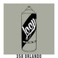 A black outline drawing of a grey spray paint can with the word "Loop" written on the face in script. The background is a color swatch of the same grey with a white border with the words "358 Orlando" at the bottom.
