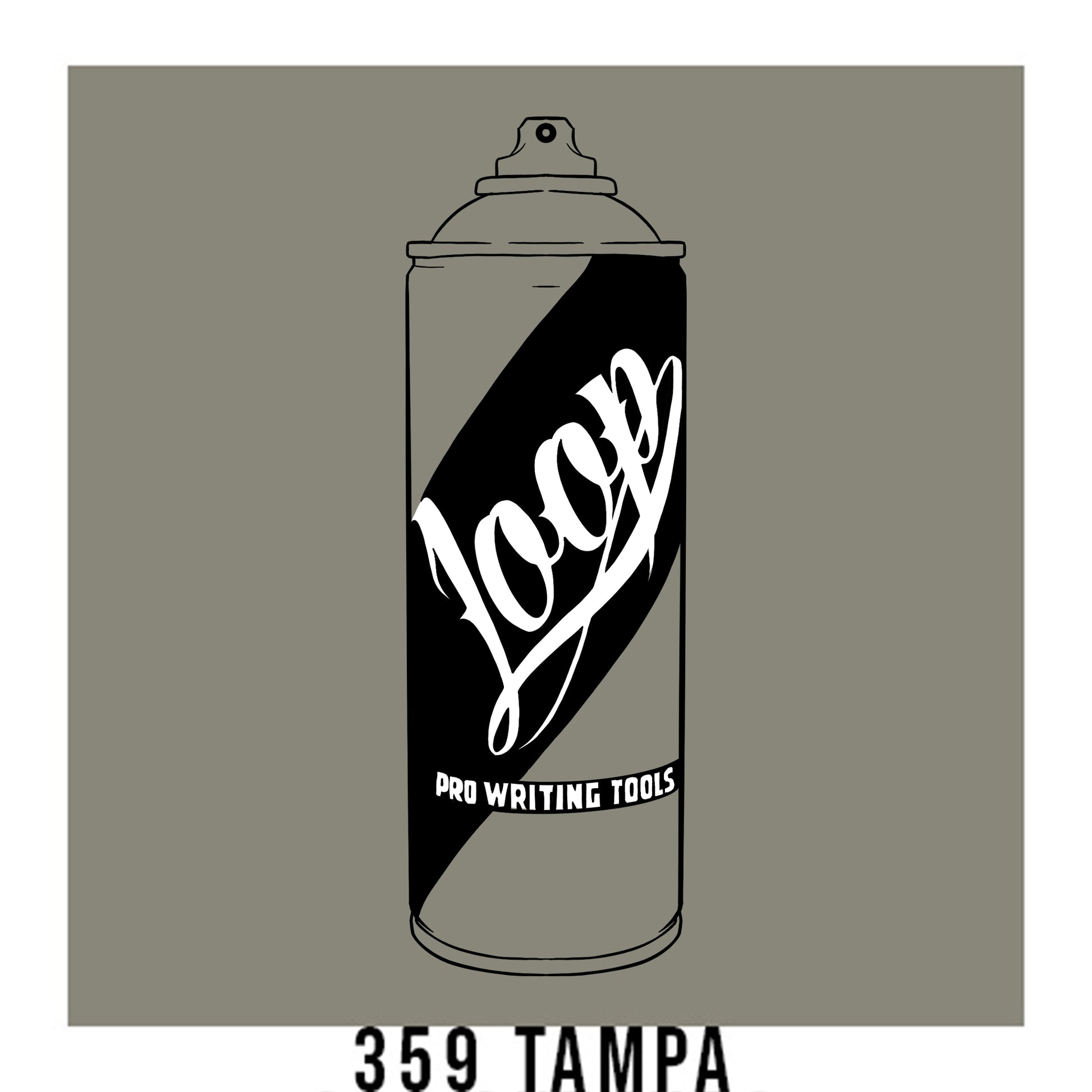 A black outline drawing of a grey spray paint can with the word "Loop" written on the face in script. The background is a color swatch of the same grey with a white border with the words "359 Tampa" at the bottom.