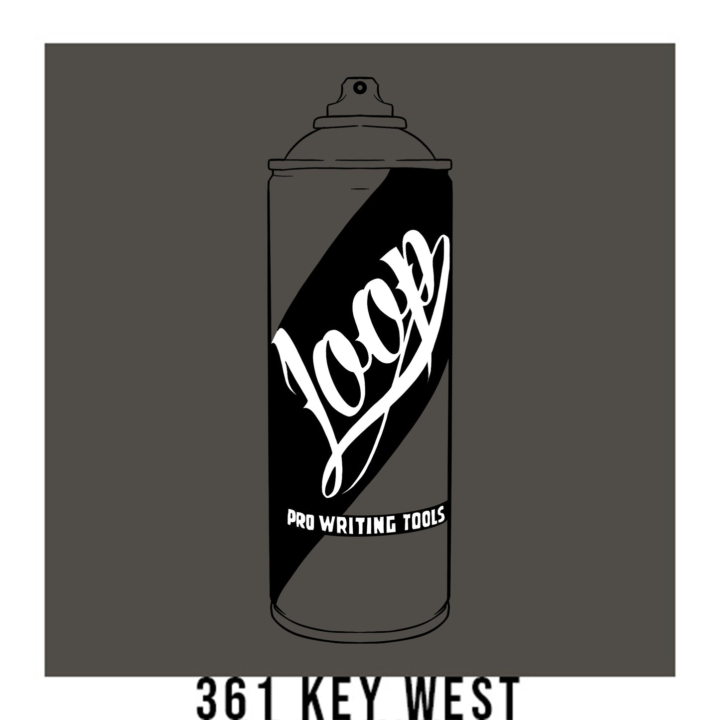 A black outline drawing of a grey spray paint can with the word "Loop" written on the face in script. The background is a color swatch of the same grey with a white border with the words "361 Key West" at the bottom.