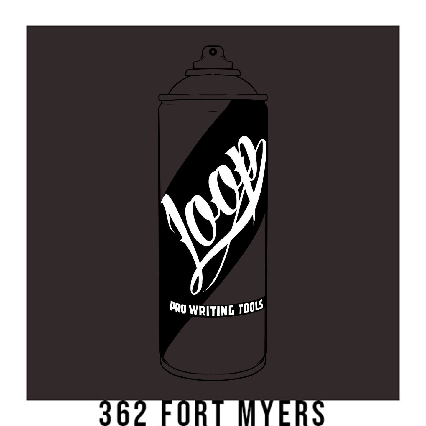 A black outline drawing of a muted purple spray paint can with the word "Loop" written on the face in script. The background is a color swatch of the same muted purple with a white border with the words "362 Fort Myers" at the bottom.