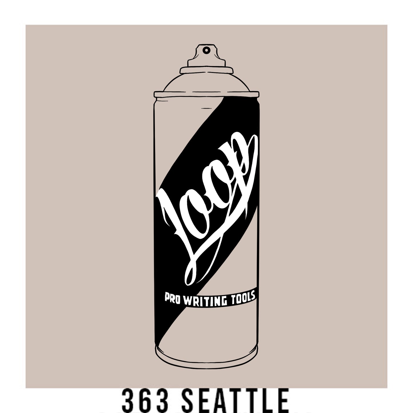 A black outline drawing of a grey beige spray paint can with the word "Loop" written on the face in script. The background is a color swatch of the same grey beige with a white border with the words "363 Seattle" at the bottom.