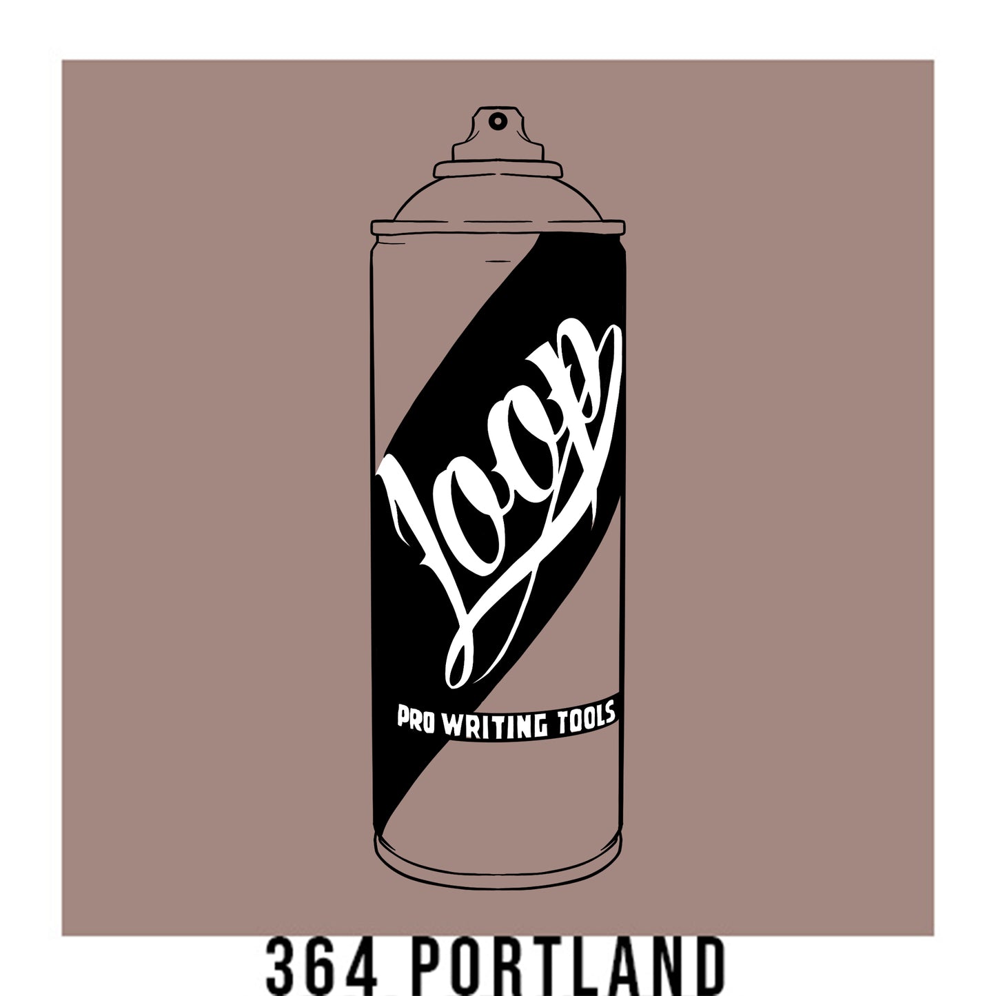 A black outline drawing of a dark pink brown spray paint can with the word "Loop" written on the face in script. The background is a color swatch of the same dark pink brown with a white border with the words "364 Portland" at the bottom.