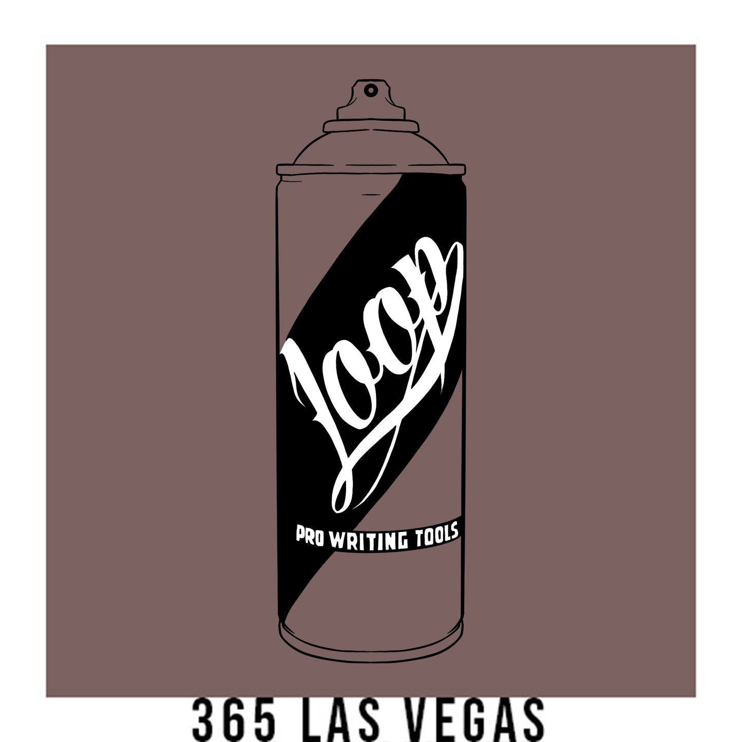 A black outline drawing of a coffee rose spray paint can with the word "Loop" written on the face in script. The background is a color swatch of the same coffee rose with a white border with the words "365 Las Vegas" at the bottom.
