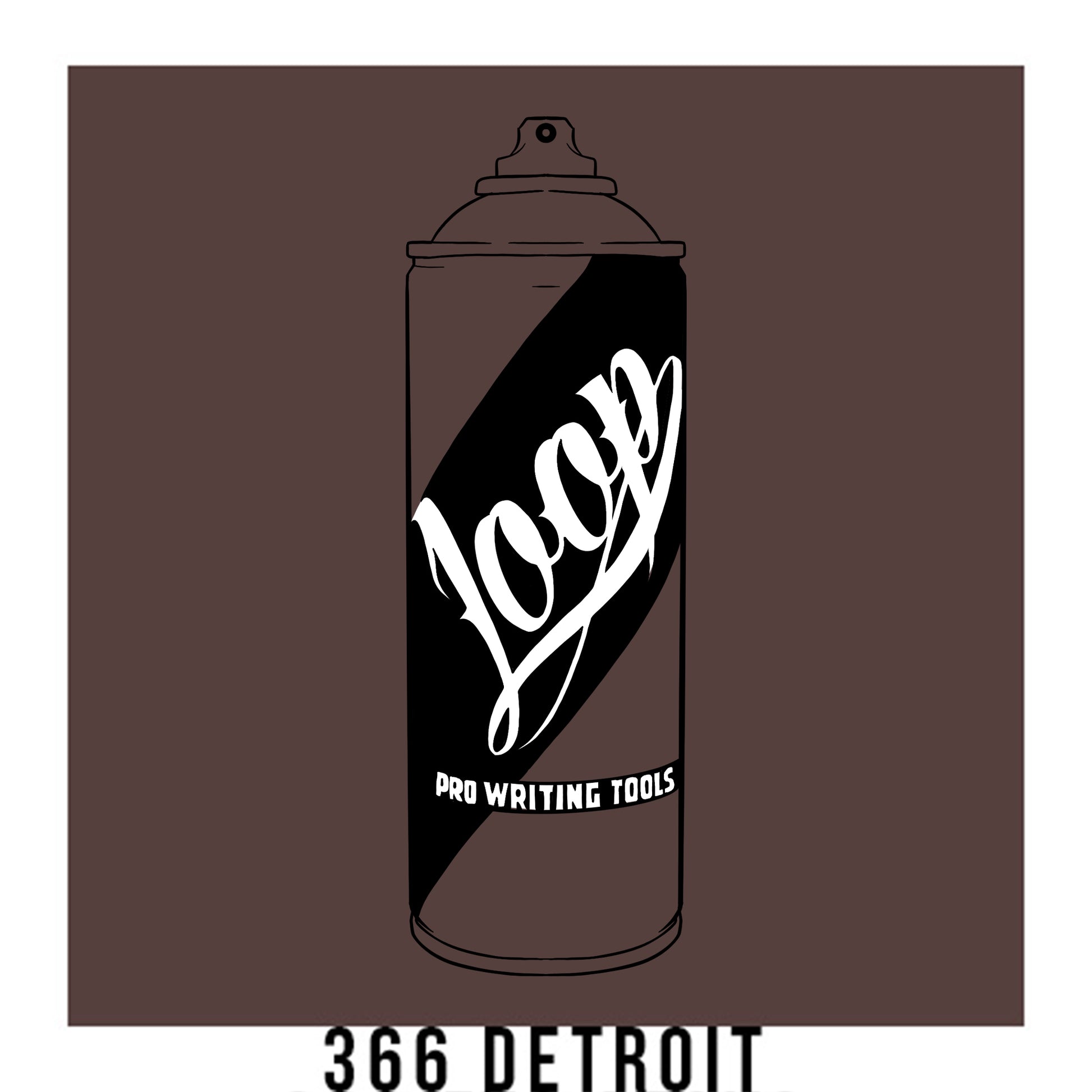 A black outline drawing of a brown grey spray paint can with the word "Loop" written on the face in script. The background is a color swatch of the same brown grey with a white border with the words "366 Detroit" at the bottom.