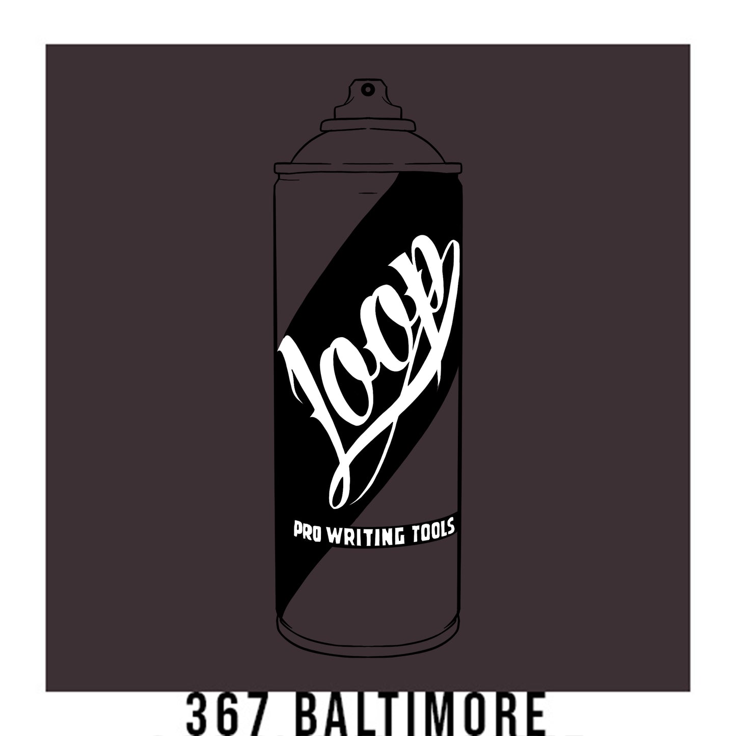 A black outline drawing of a dark muted purple spray paint can with the word "Loop" written on the face in script. The background is a color swatch of the same dark muted purple with a white border with the words "367 Baltimore" at the bottom.