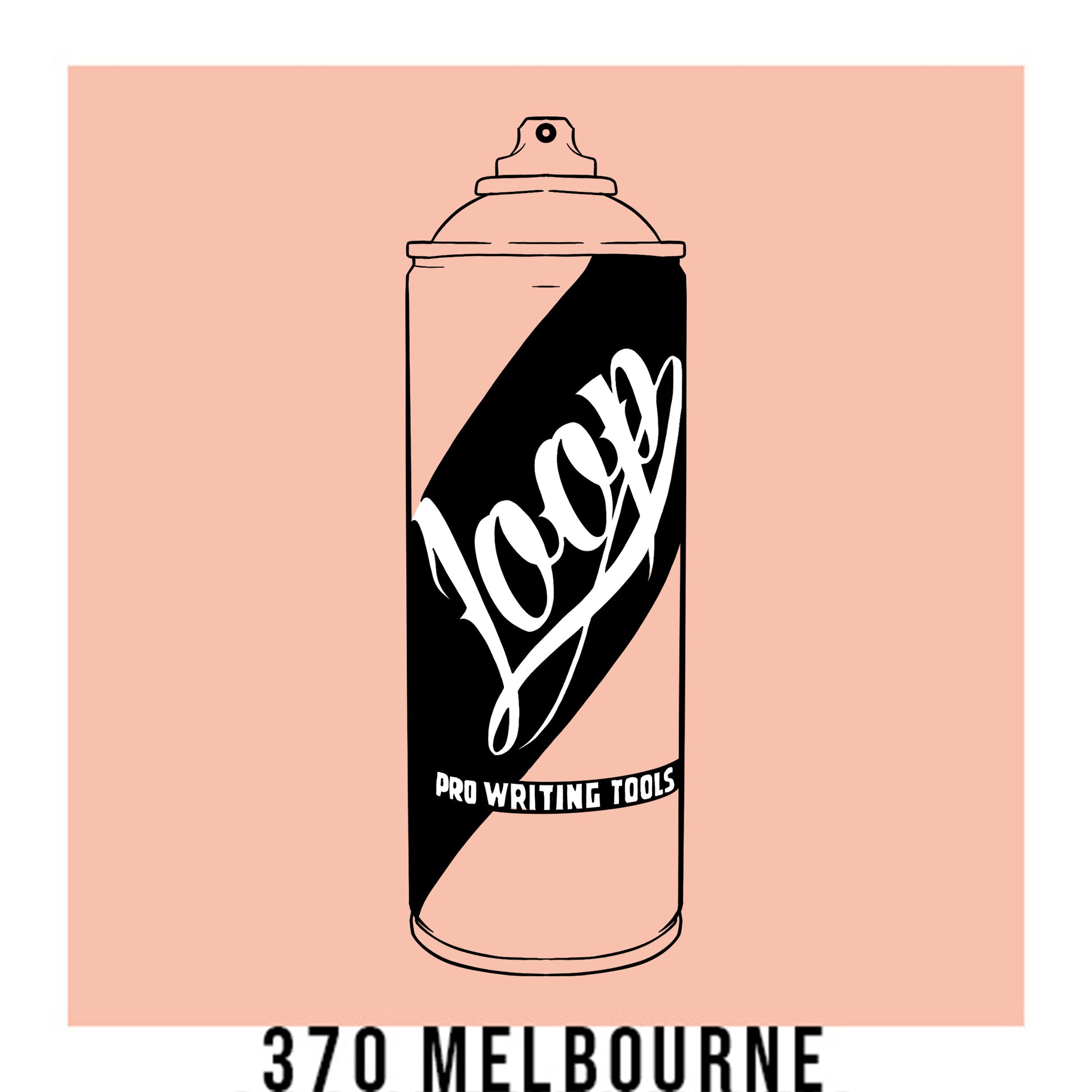 A black outline drawing of a light peach spray paint can with the word "Loop" written on the face in script. The background is a color swatch of the same light peach with a white border with the words "370 Melbourne" at the bottom.
