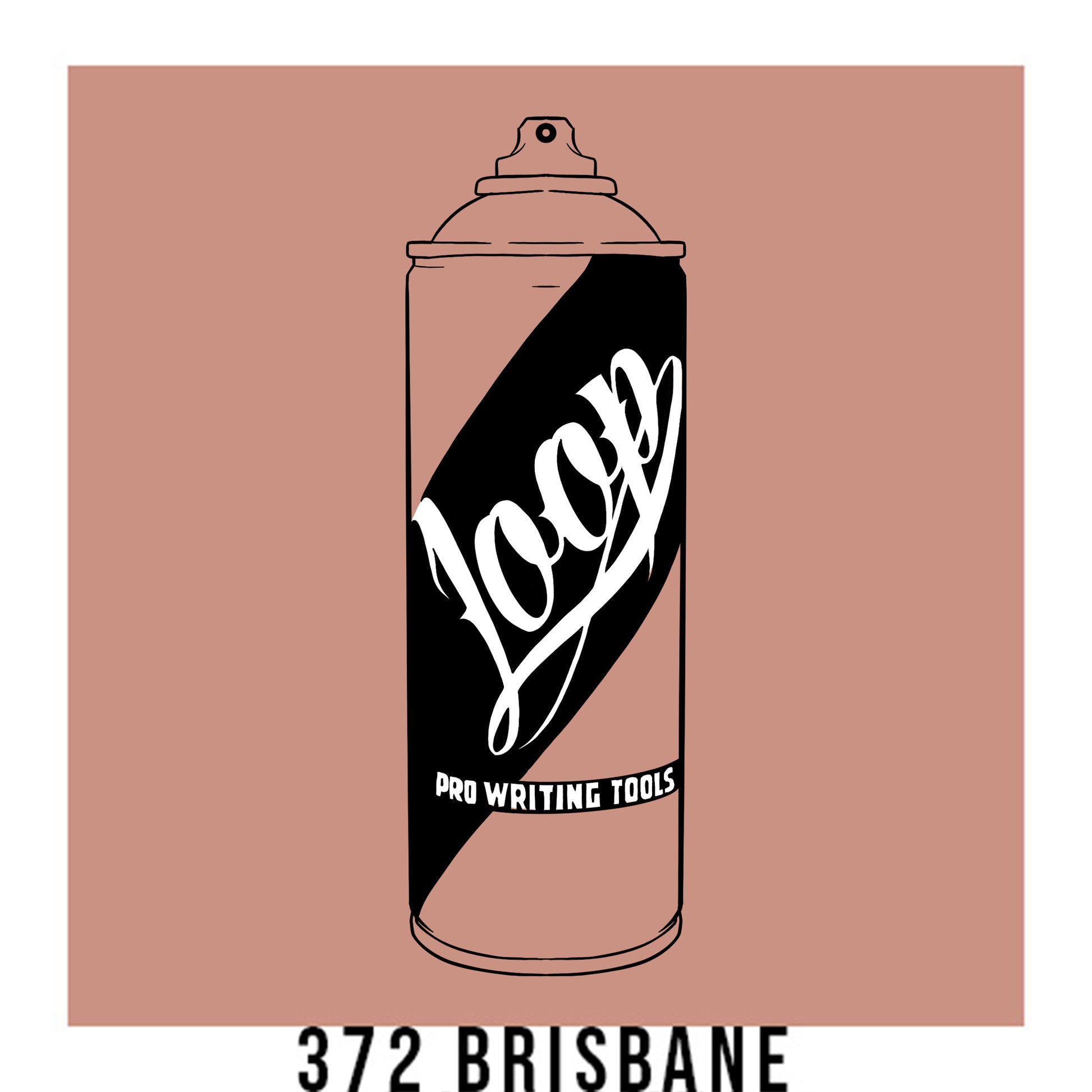 A black outline drawing of a muted salmon spray paint can with the word "Loop" written on the face in script. The background is a color swatch of the same muted salmon with a white border with the words "372 Brisbane" at the bottom.