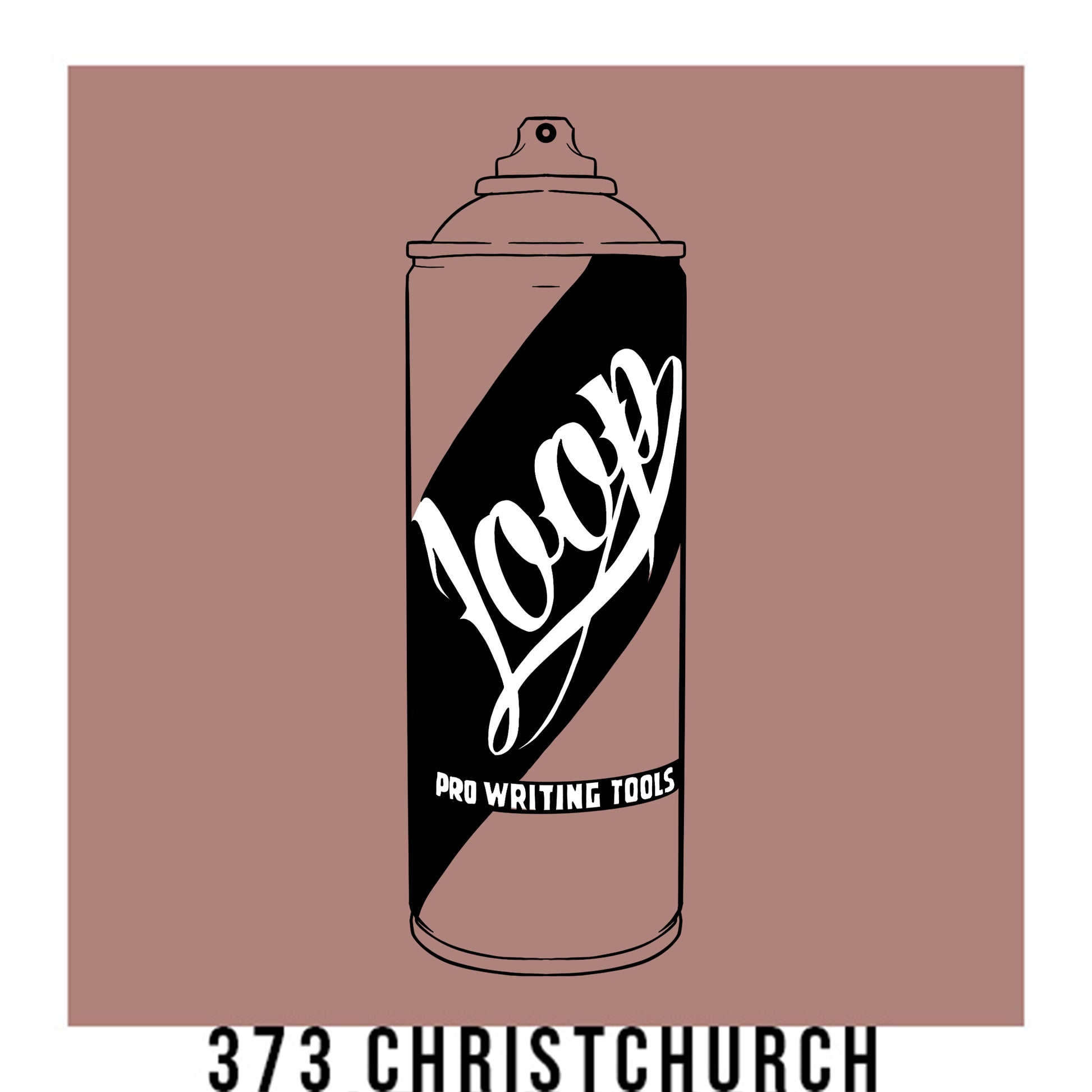 A black outline drawing of a dark muted pink spray paint can with the word "Loop" written on the face in script. The background is a color swatch of the same dark muted pink with a white border with the words "373 Christchurch" at the bottom.