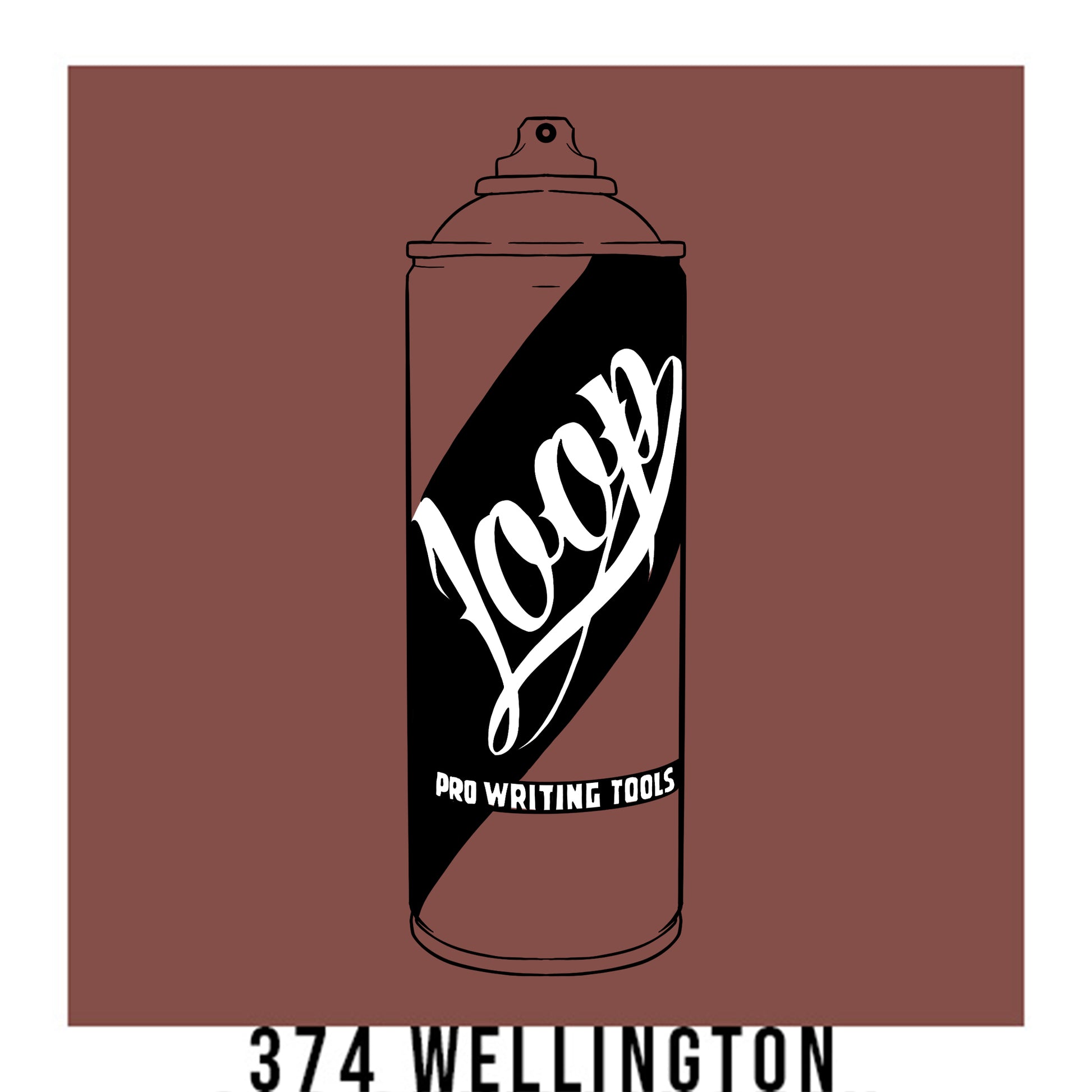 A black outline drawing of a pinkish brown spray paint can with the word "Loop" written on the face in script. The background is a color swatch of the same pinkish brown with a white border with the words "374 Wellington" at the bottom.