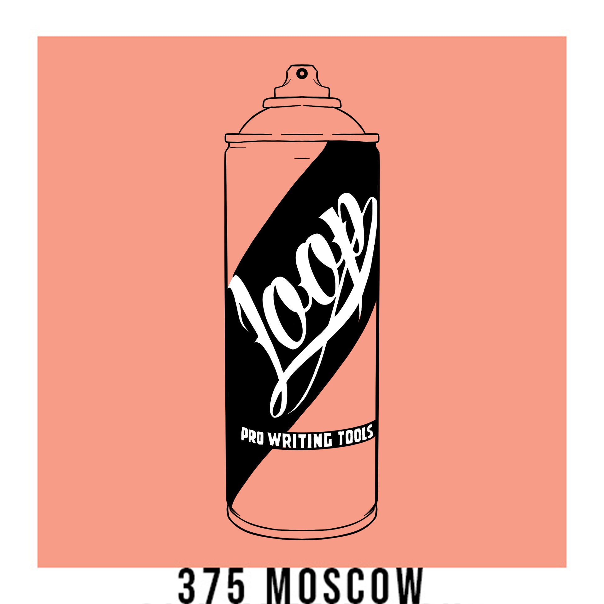 A black outline drawing of a salmon spray paint can with the word "Loop" written on the face in script. The background is a color swatch of the same salmon with a white border with the words "375 Moscow" at the bottom.