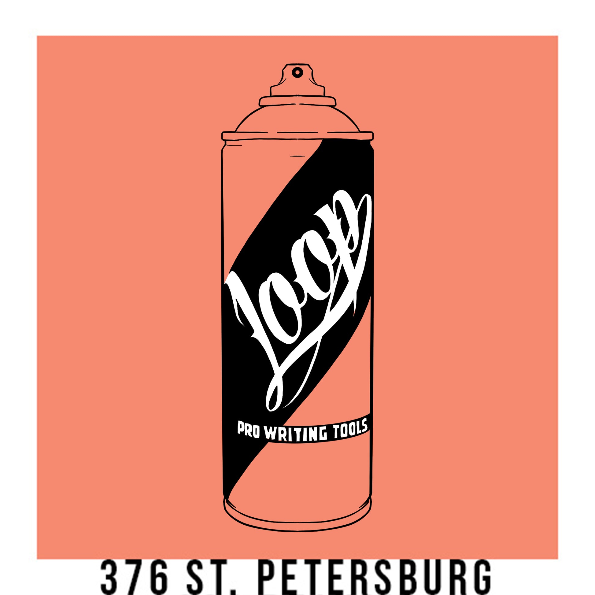 A black outline drawing of a peach spray paint can with the word "Loop" written on the face in script. The background is a color swatch of the same peach with a white border with the words "376 St.Petersburg" at the bottom.
