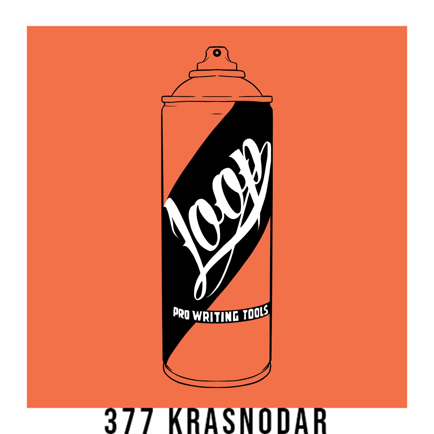 A black outline drawing of a pastel orange spray paint can with the word "Loop" written on the face in script. The background is a color swatch of the same pastel orange with a white border with the words "377 Krasnodar" at the bottom.