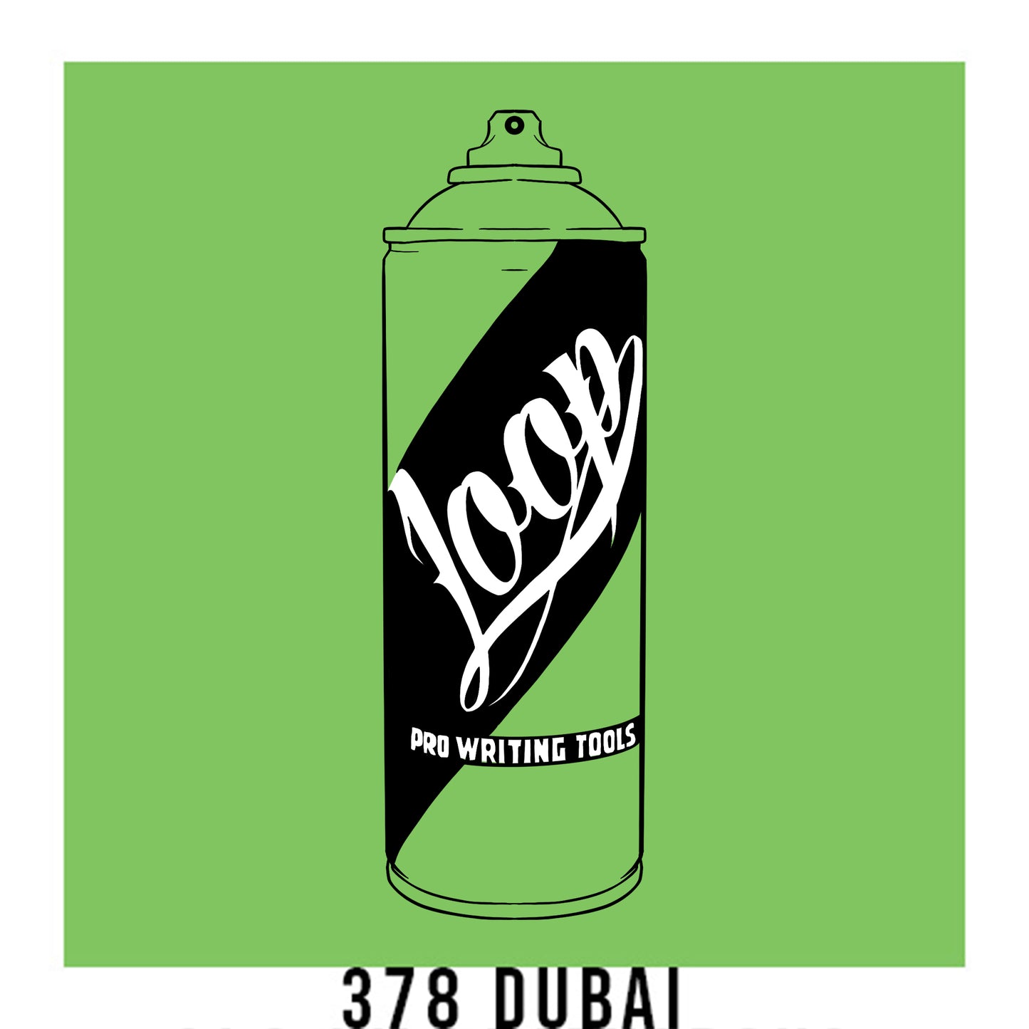 A black outline drawing of a lime green spray paint can with the word "Loop" written on the face in script. The background is a color swatch of the same lime green with a white border with the words "378 Dubai" at the bottom.