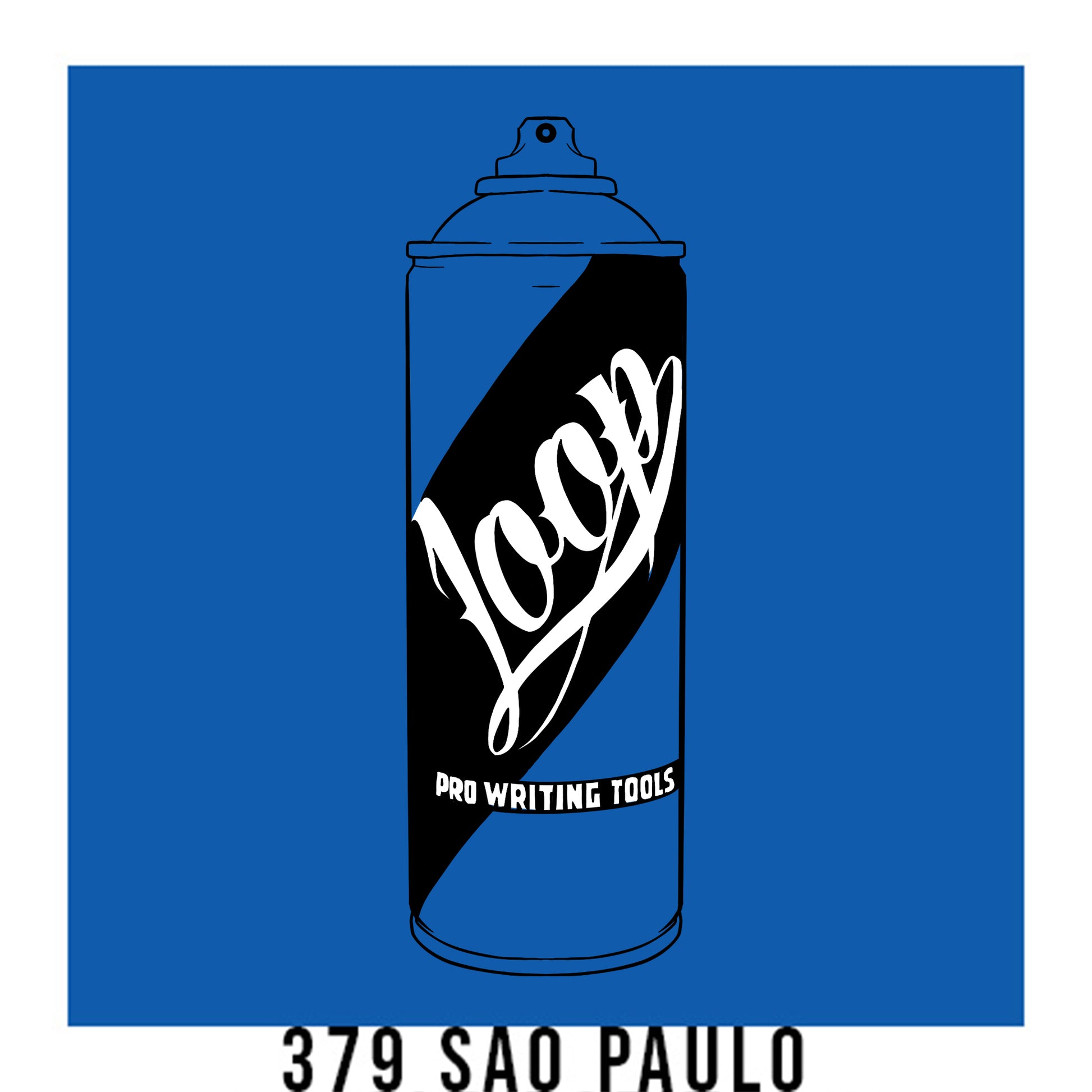 A black outline drawing of a blue spray paint can with the word "Loop" written on the face in script. The background is a color swatch of the same blue with a white border with the words "379 Sao Paulo" at the bottom.