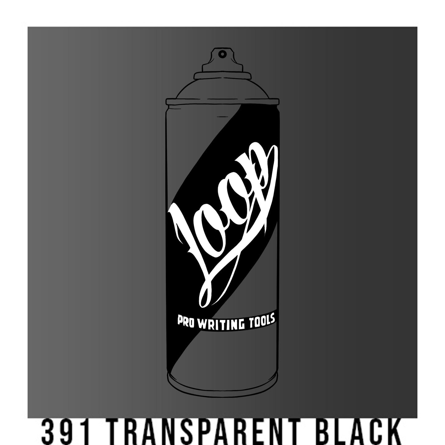 A black outline drawing of a grey to black gradient spray paint can with the word "Loop" written on the face in script. The background is a color swatch of the same grey to black gradient with a white border with the words "391 Transparent black" at the bottom.
