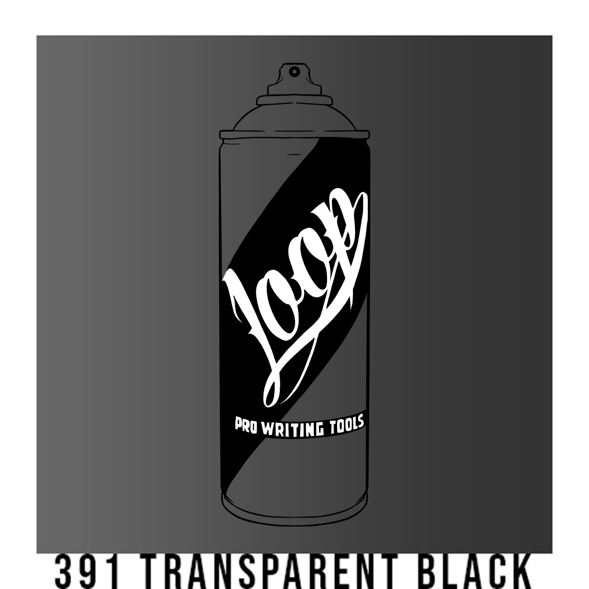 A black outline drawing of a grey to black gradient spray paint can with the word "Loop" written on the face in script. The background is a color swatch of the same grey to black gradient with a white border with the words "391 Transparent black" at the bottom.