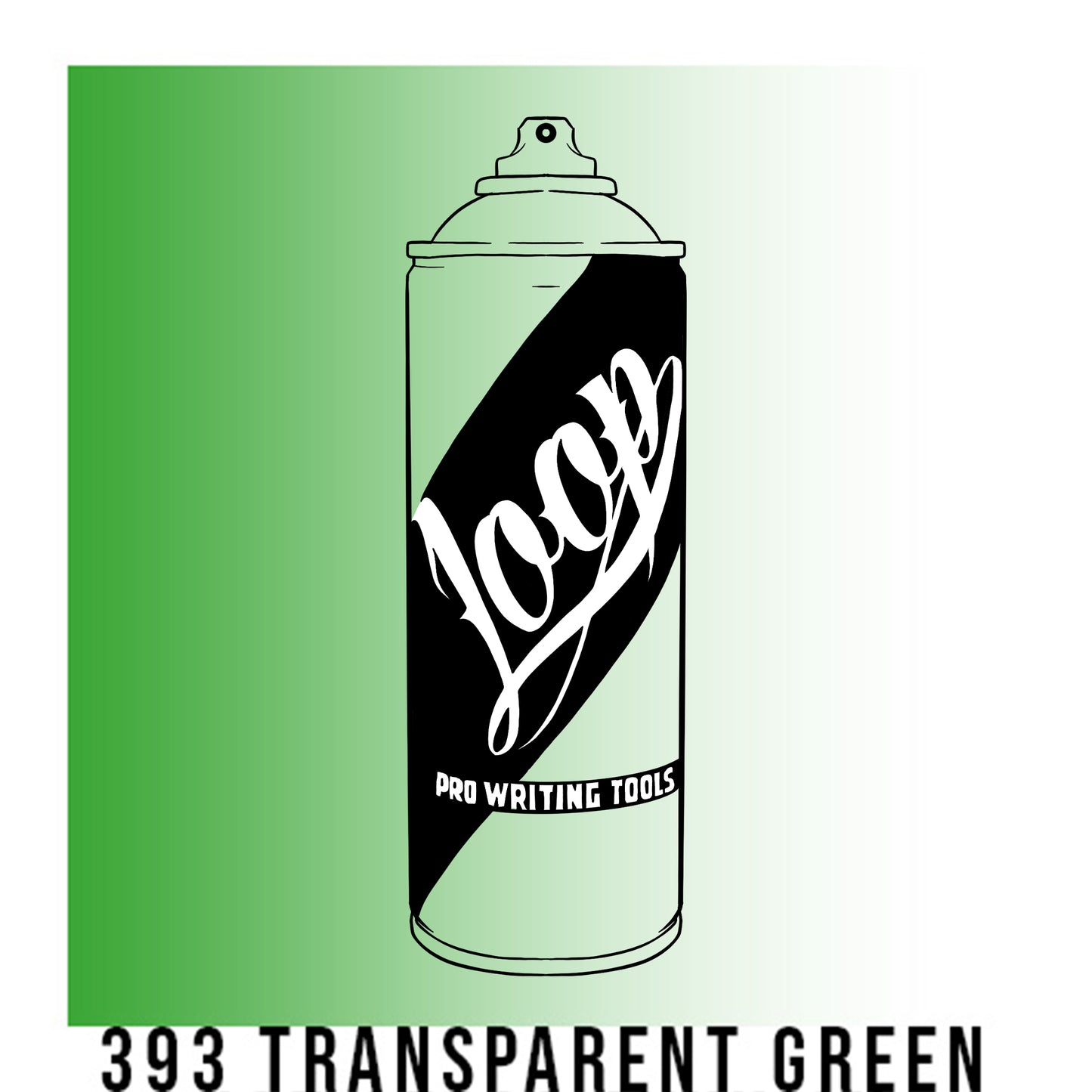 A black outline drawing of a green to white gradient spray paint can with the word "Loop" written on the face in script. The background is a color swatch of the same green to white gradient with a white border with the words "393 Transparent Green" at the bottom.