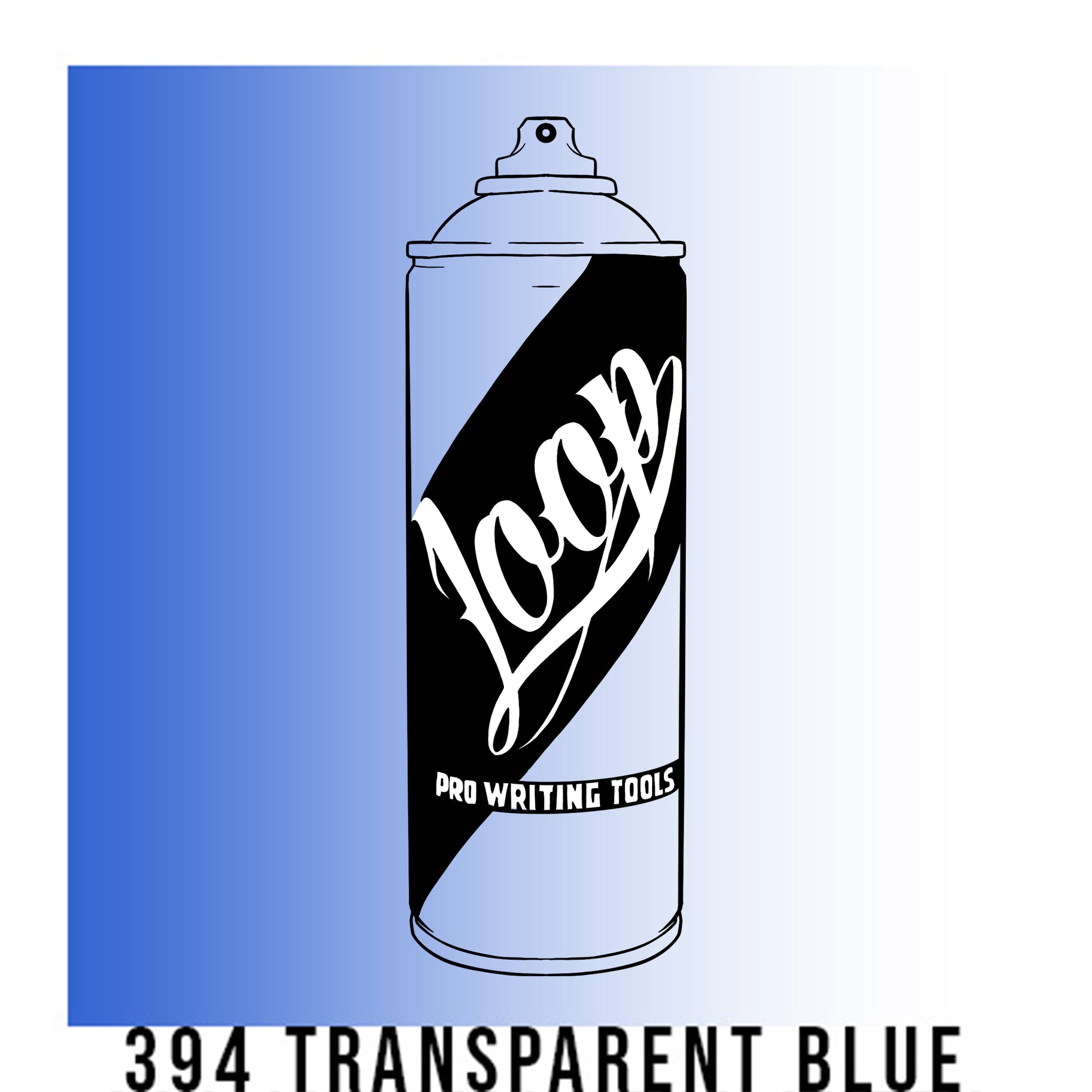 A black outline drawing of a Blue to white gradient spray paint can with the word "Loop" written on the face in script. The background is a color swatch of the same Blue to white gradient with a white border with the words "394 Transparent blue" at the bottom.