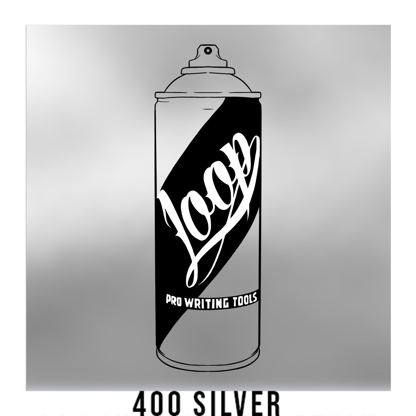 A black outline drawing of a silver  spray paint can with the word "Loop" written on the face in script. The background is a color swatch of the same silver with a white border with the words "400 silver" at the bottom.