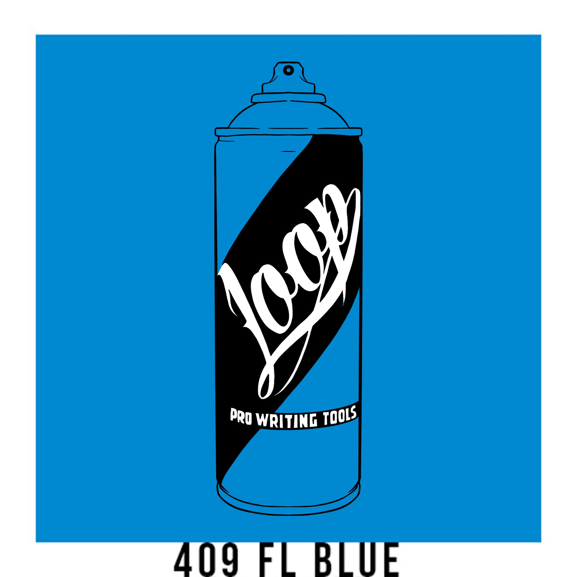 A black outline drawing of a electric blue spray paint can with the word "Loop" written on the face in script. The background is a color swatch of the same electric blue  with a white border with the words "409 FL Blue" at the bottom.