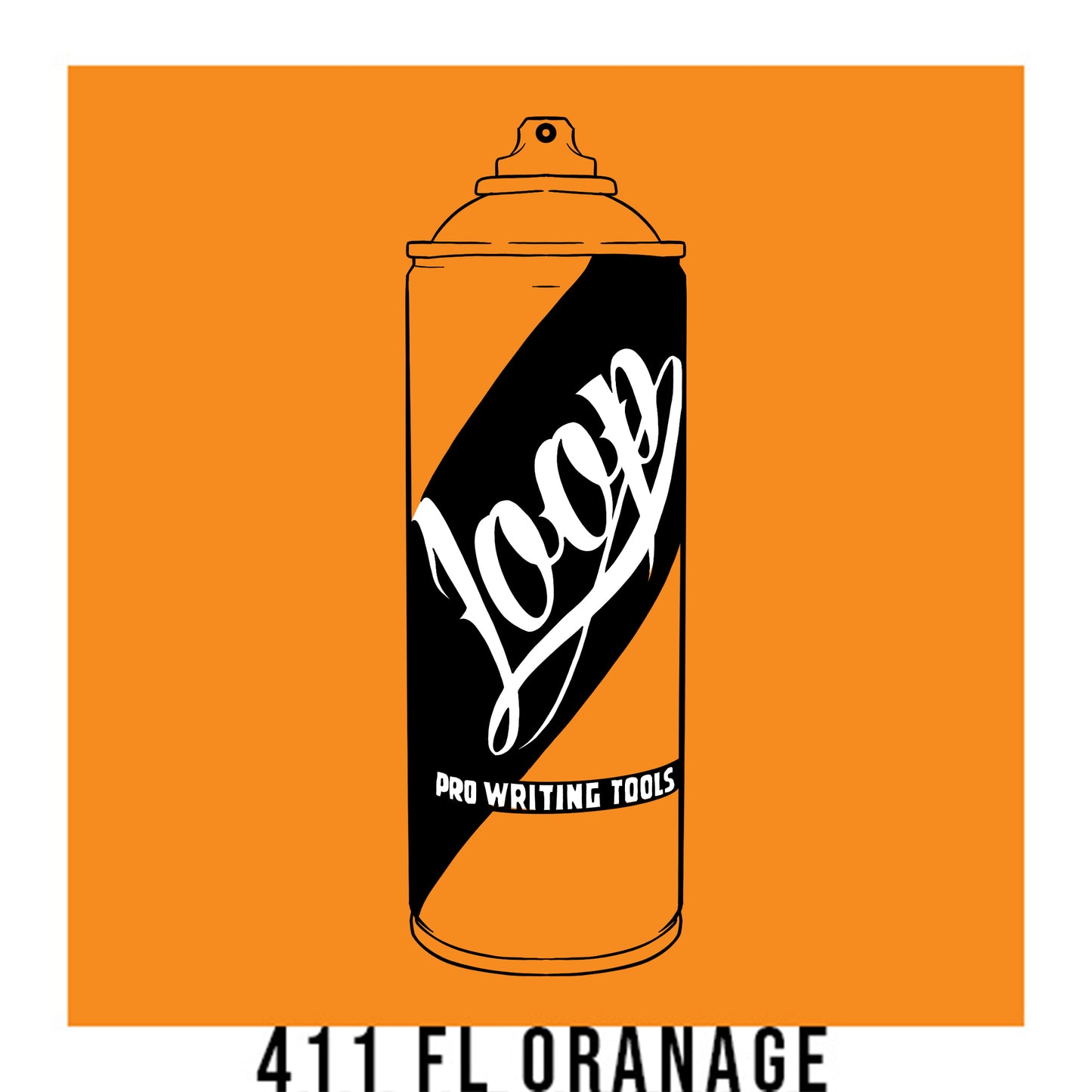 A black outline drawing of a poppy orange spray paint can with the word "Loop" written on the face in script. The background is a color swatch of the same poppy orange with a white border with the words "411 FL Orange" at the bottom.
