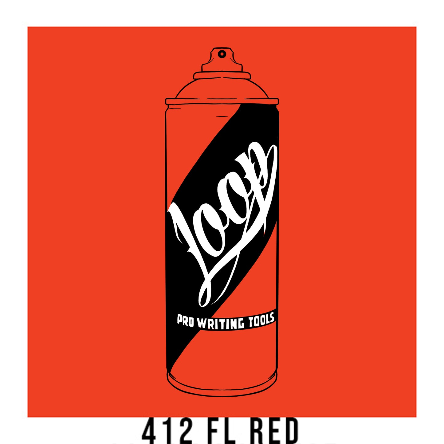 A black outline drawing of a neon red spray paint can with the word "Loop" written on the face in script. The background is a color swatch of the same neon red with a white border with the words "412 FL Red" at the bottom.