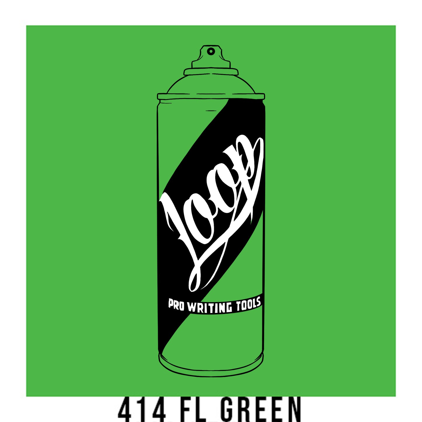A black outline drawing of a light green spray paint can with the word "Loop" written on the face in script. The background is a color swatch of the same light green with a white border with the words "414 FL Green" at the bottom.