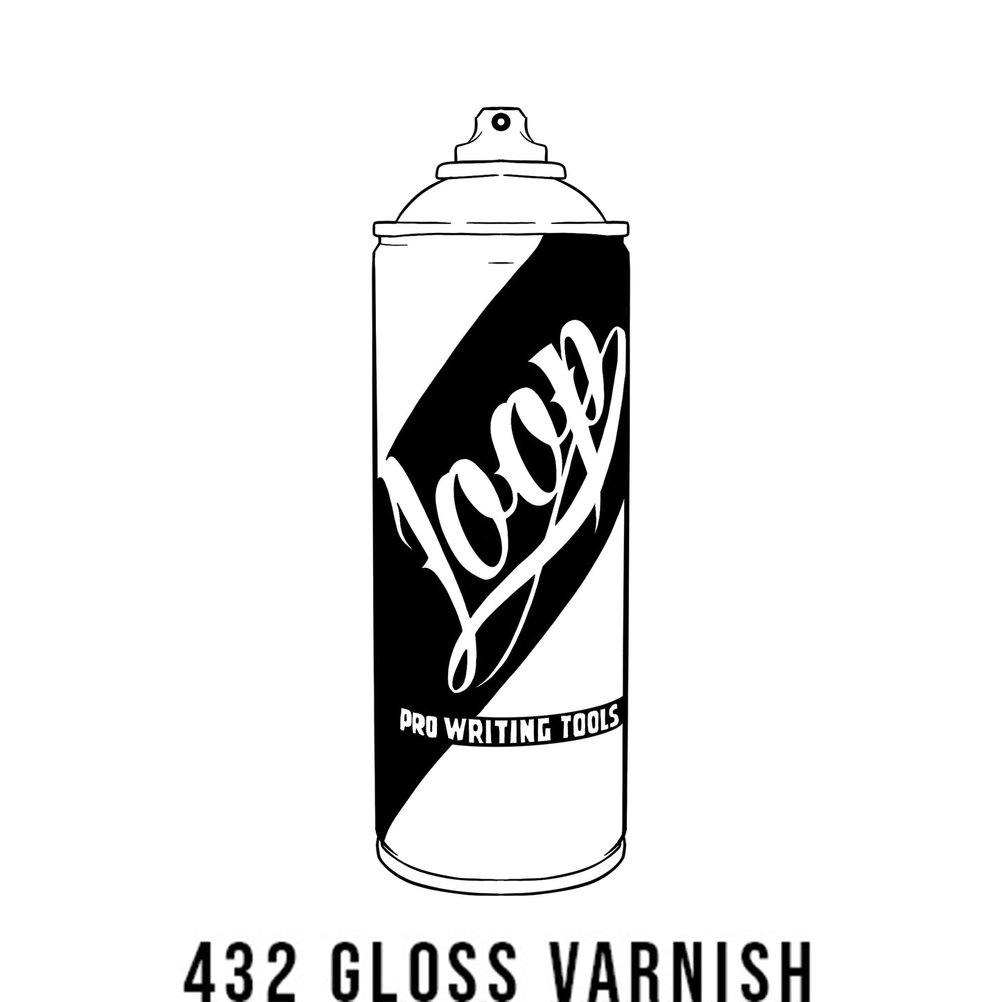 A black outline drawing of a white spray paint can with the word "Loop" written on the face in script. The background is a color swatch of the same white with a white border with the words "432 Gloss Varnish" at the bottom.