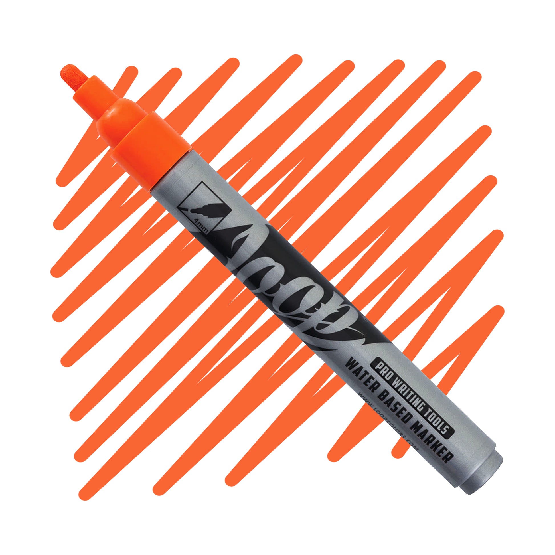 4mm round nib loop marker with a Tilburg Orange nib ,grey body and black text over a tilburg orange swatch