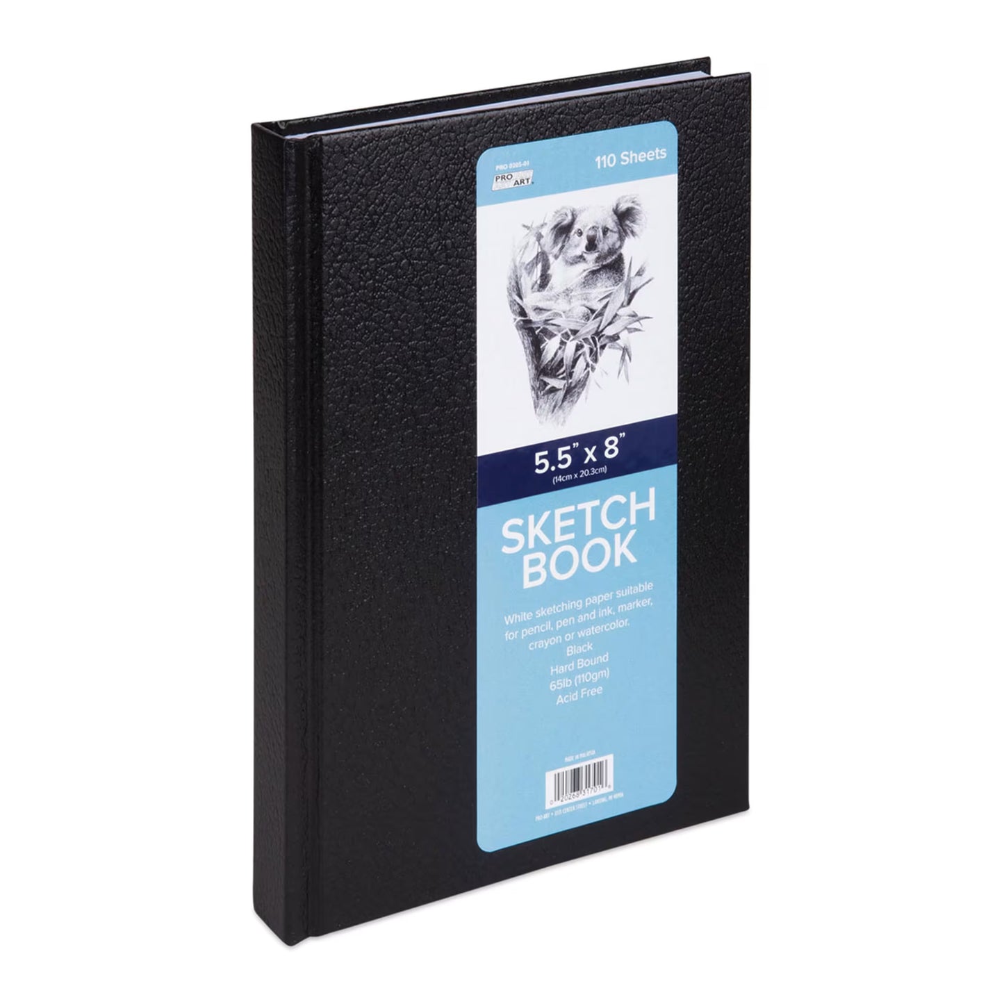 Black sketchbook with ArtPro 5.5" x 8" label on a white background.