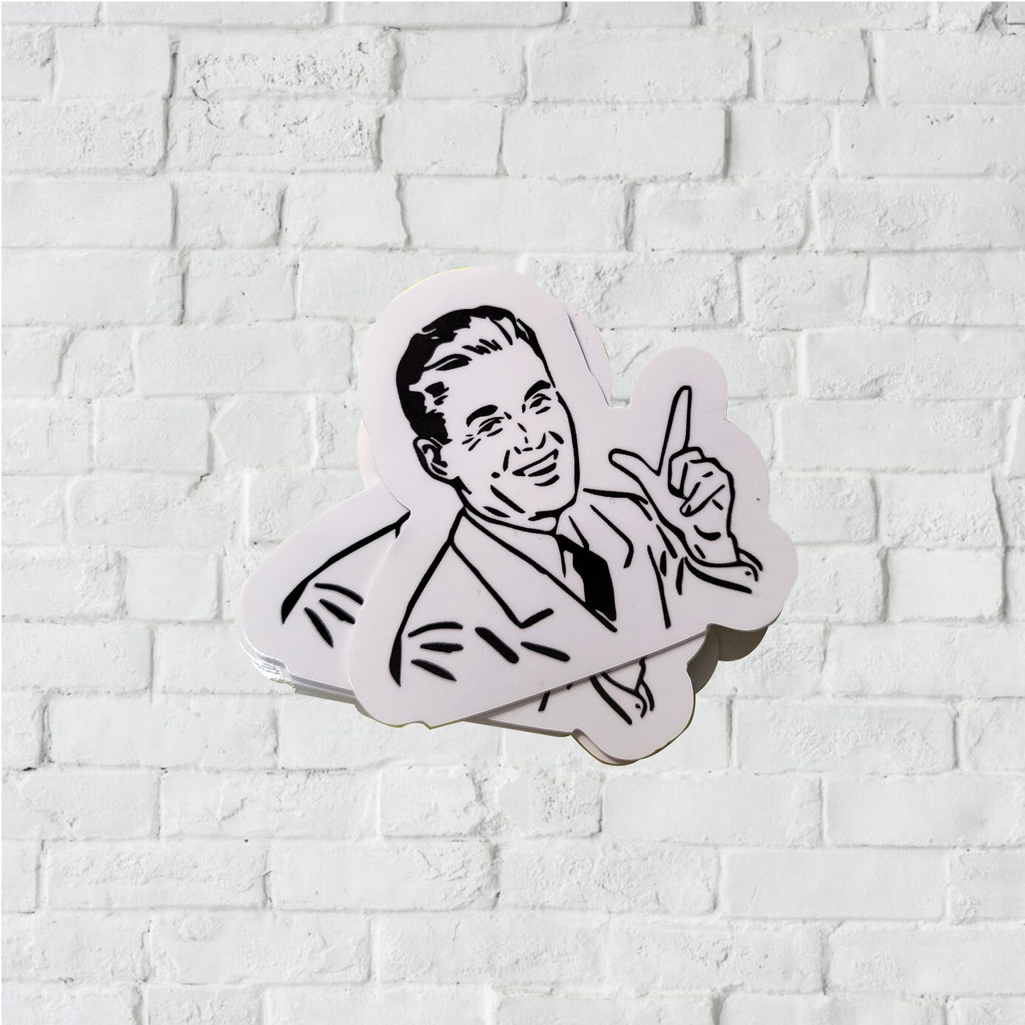 Black and white sticker of illustrated man in 50s style.