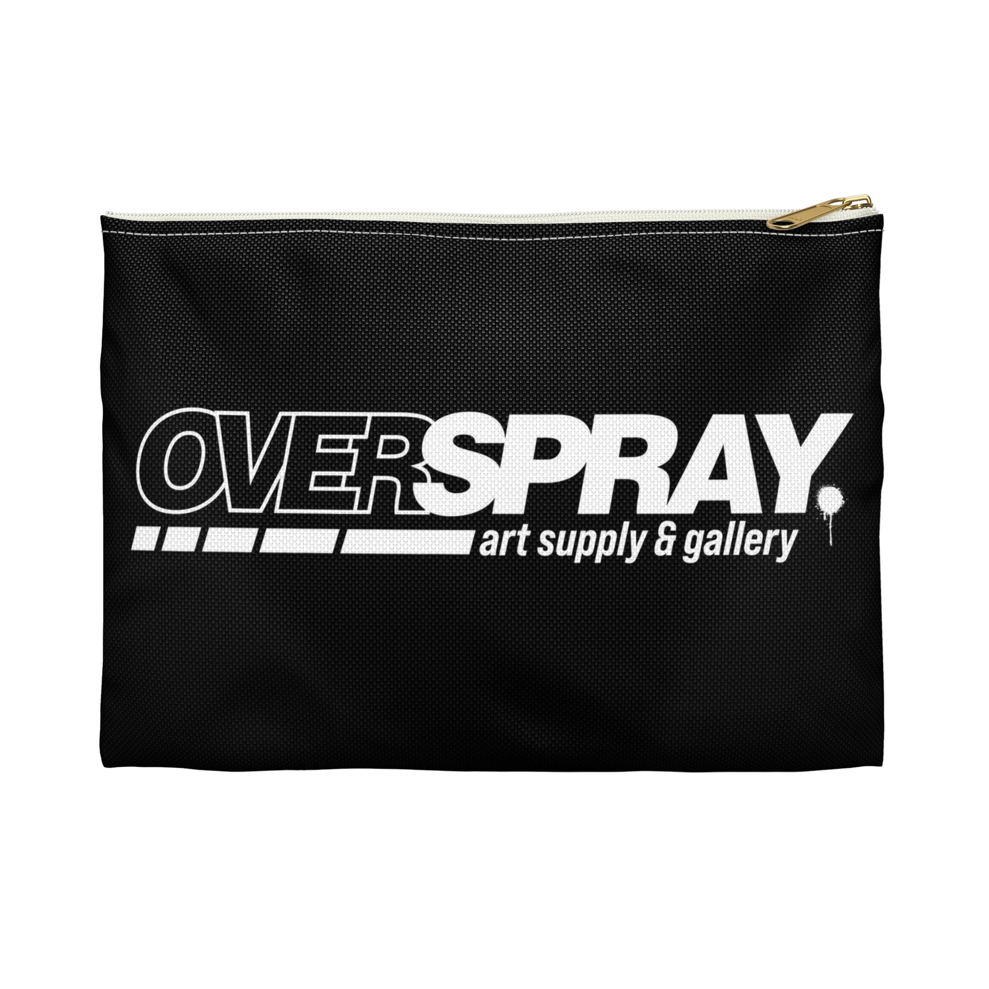 Black pencil bag with a silver zipper, reads "Overspray Art Supply & Gallery" in white