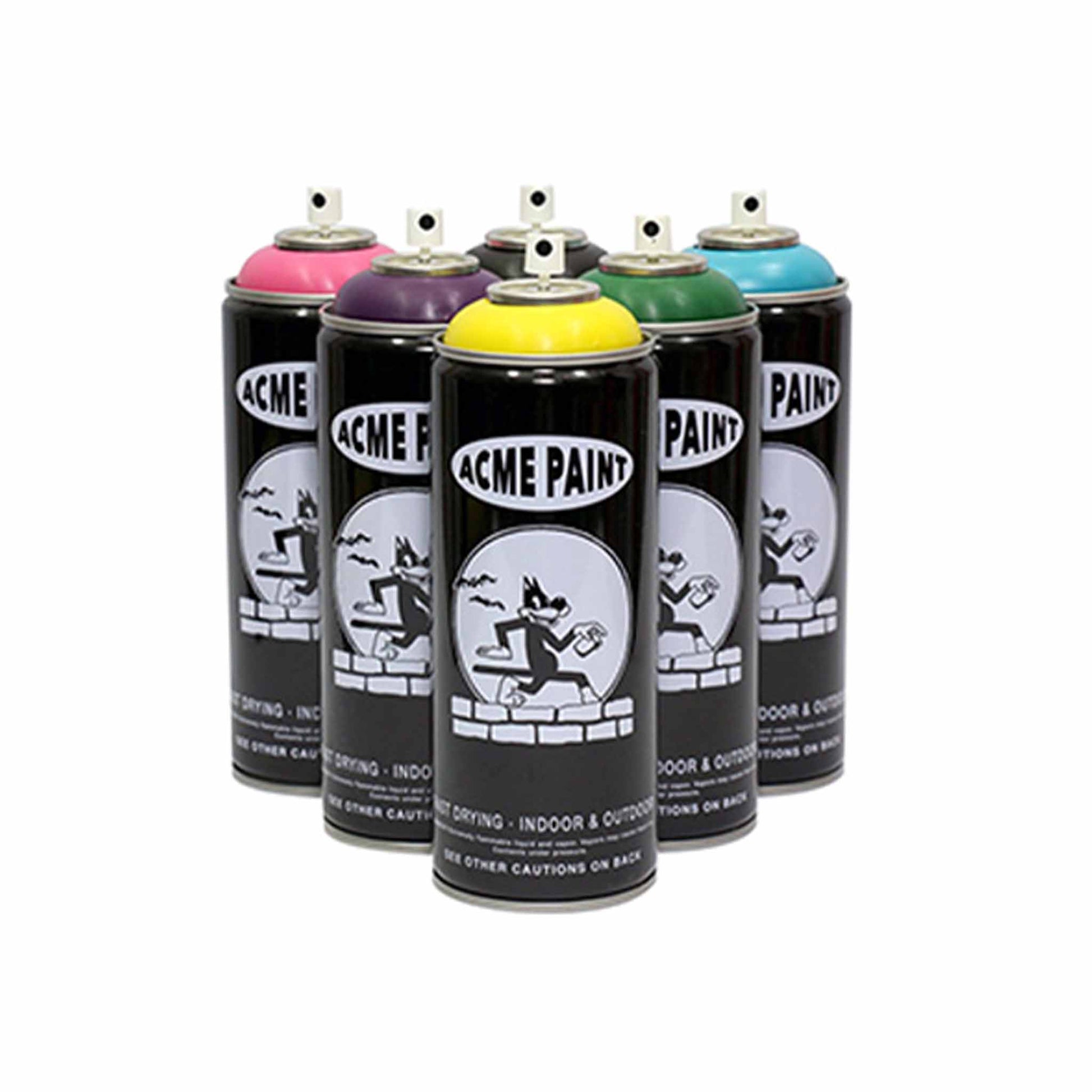 Group of 6 aerosol paint cans, with black labels showing the brand reading "ACME PAINT"