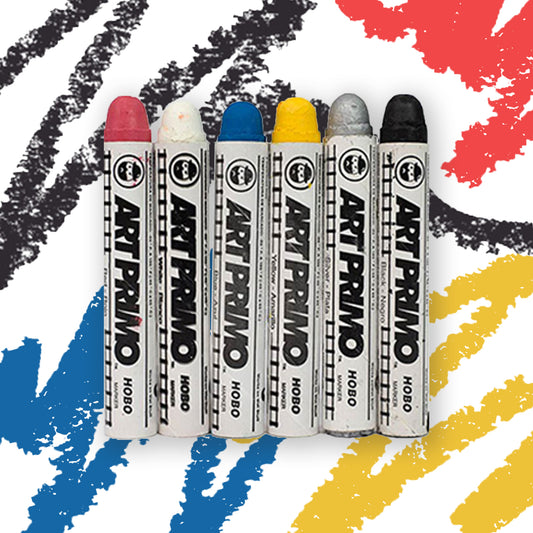 A grouping of 6 crayons with white labels reading "Art Primo". The crayons are colored red, white, blue, yellow, silver and black.