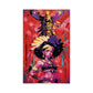 Colorful artwork of a black warrior with an eagle on a red background.
