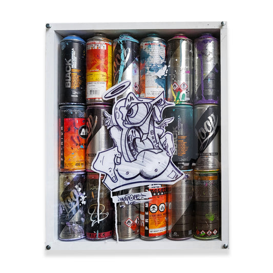 White wooden shadow box covered with plexiglass with drawing by artist Man One. 