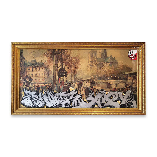 Framed artwork with classical painting and modern graffiti-style text.