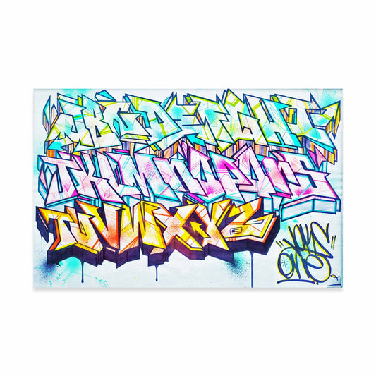 Colorful graffiti style alphabet on white paper signed by VOX ONE.