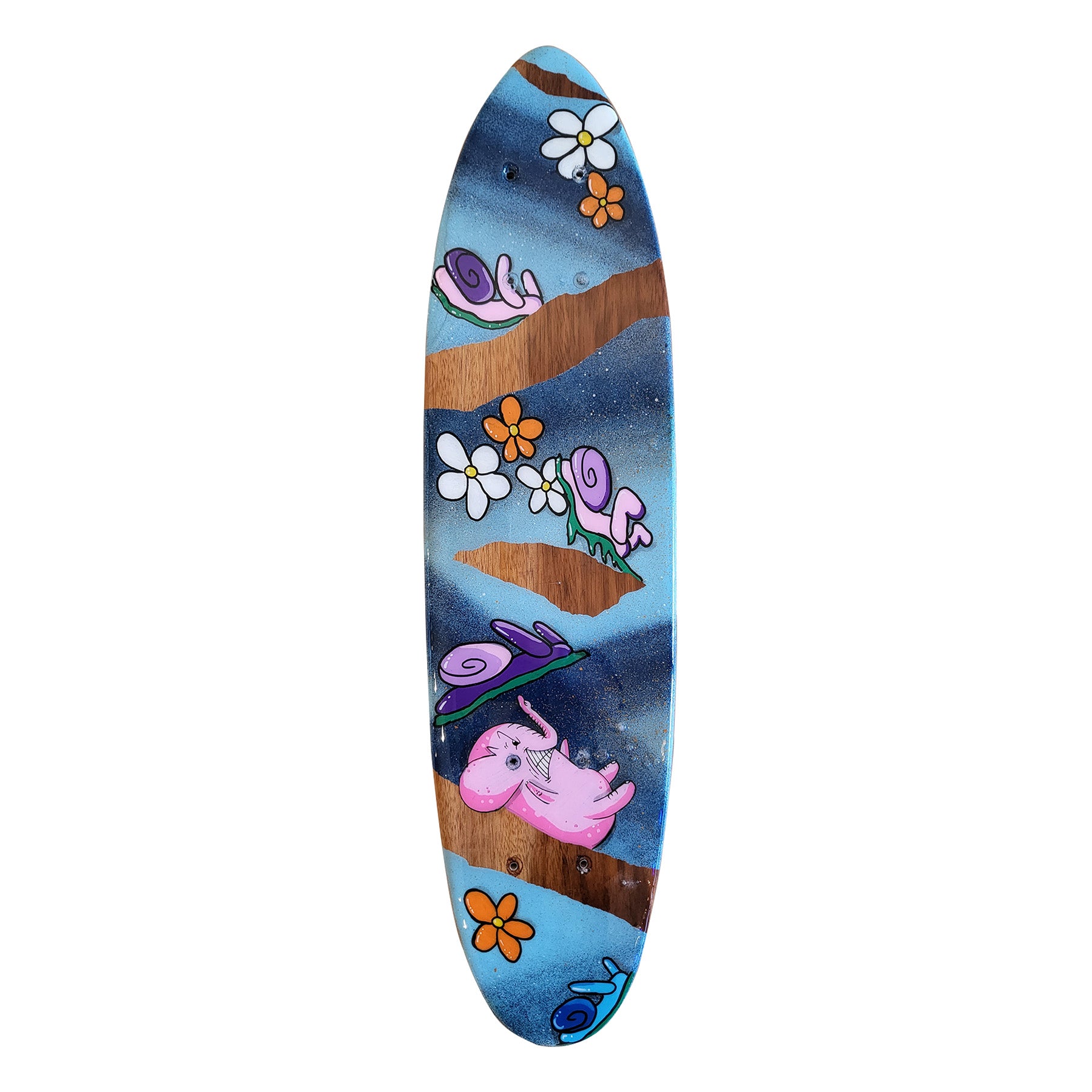 Skateboard deck painted in layers of blue from top to bottom with some wood grain showing, white and orange flowers, purple and pink snails and a pink elephant at the bottom