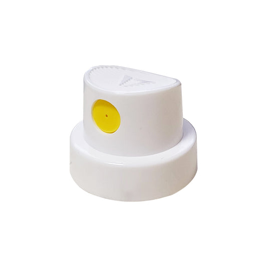 white Spray paint cap with a yellow dot