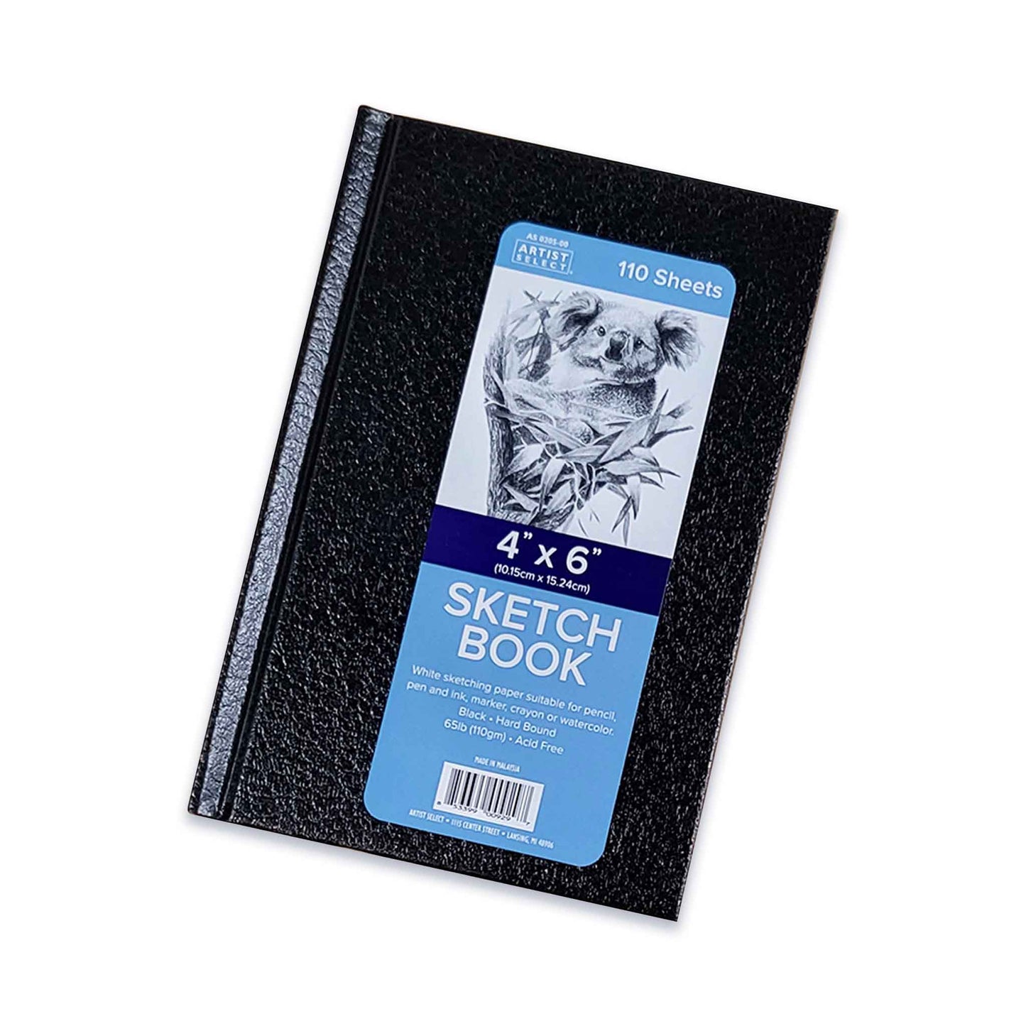 Black 4 x 6 inch sketchbook with a blue label on a white background